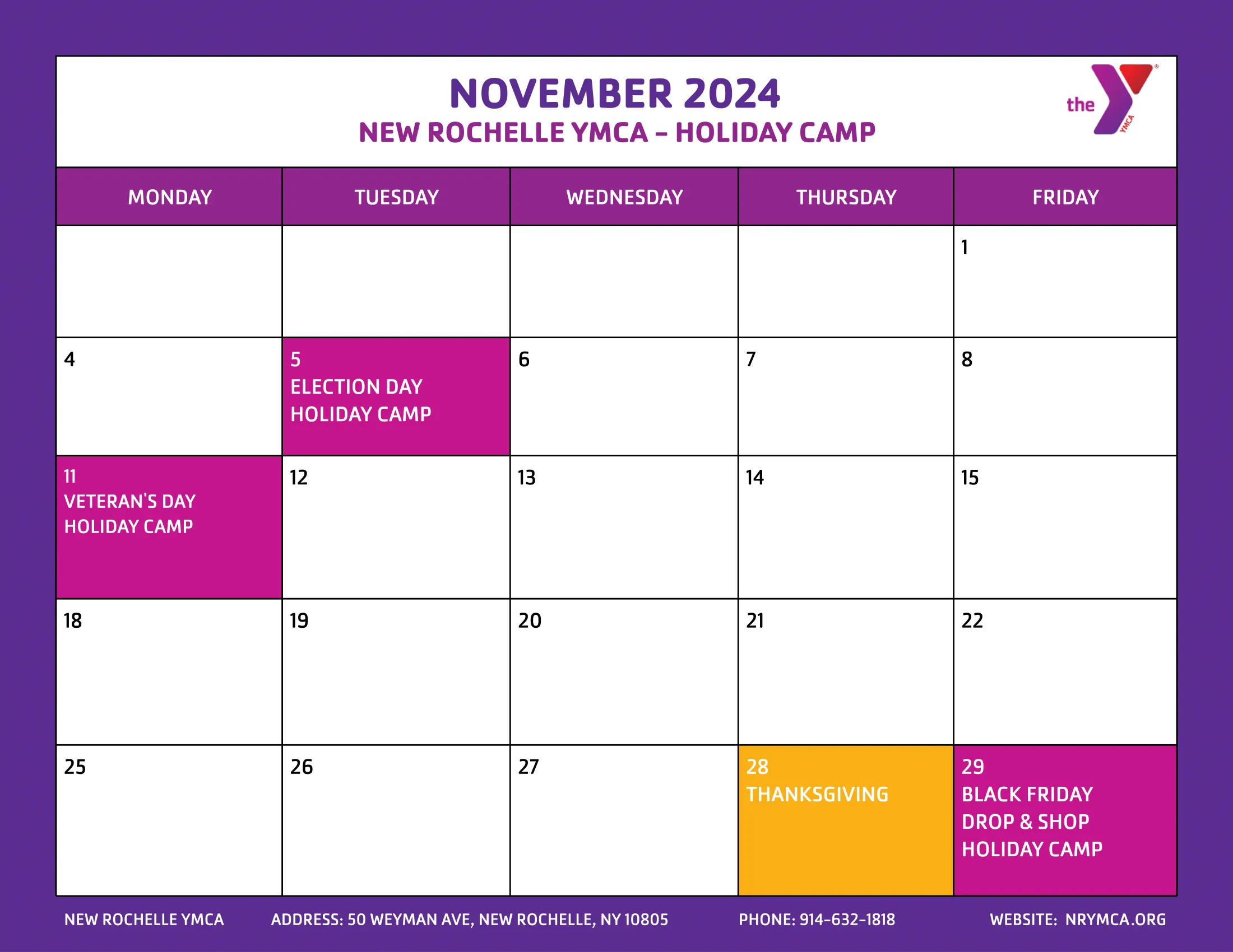 November 2024 Holiday Camp Calendar