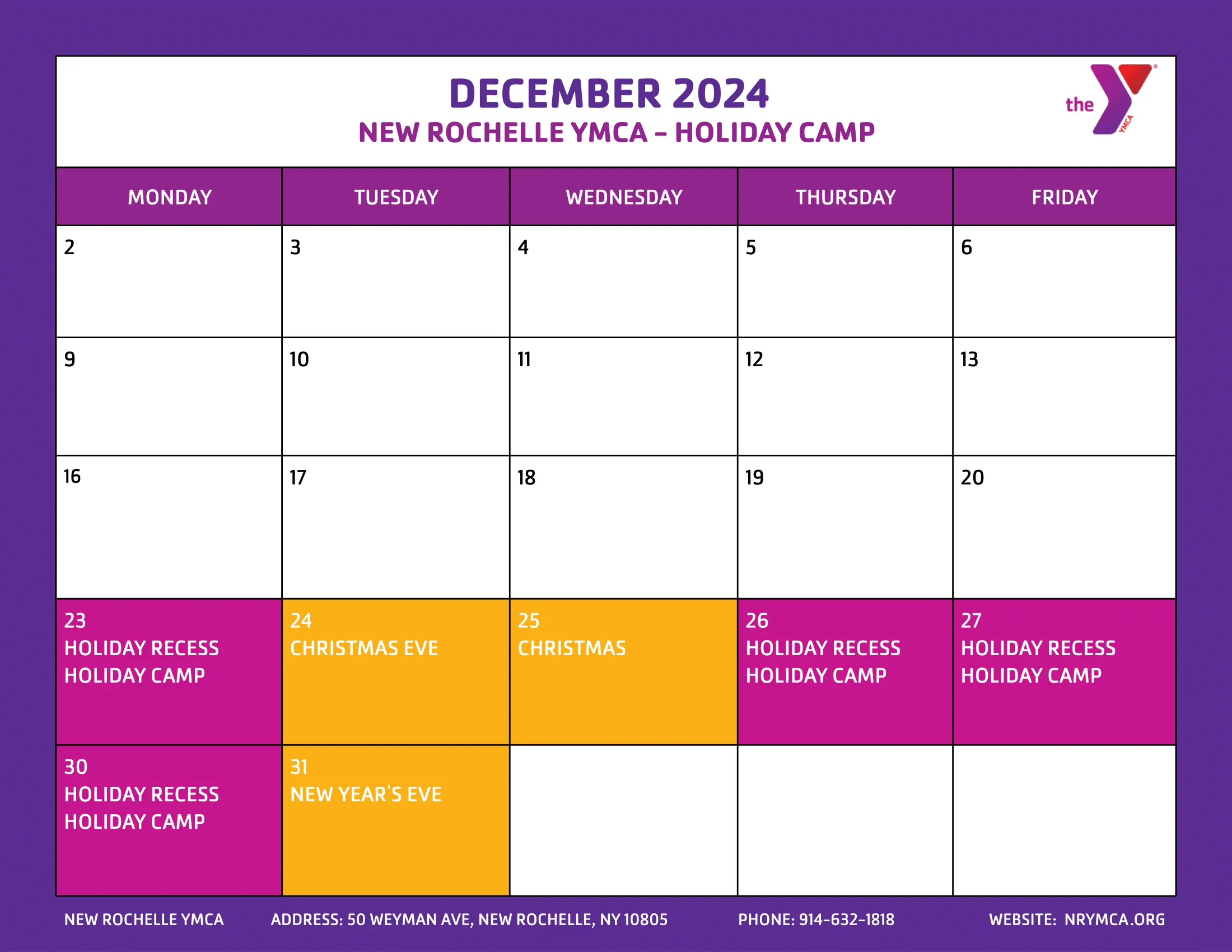 December 2024 Holiday Camp Calendar