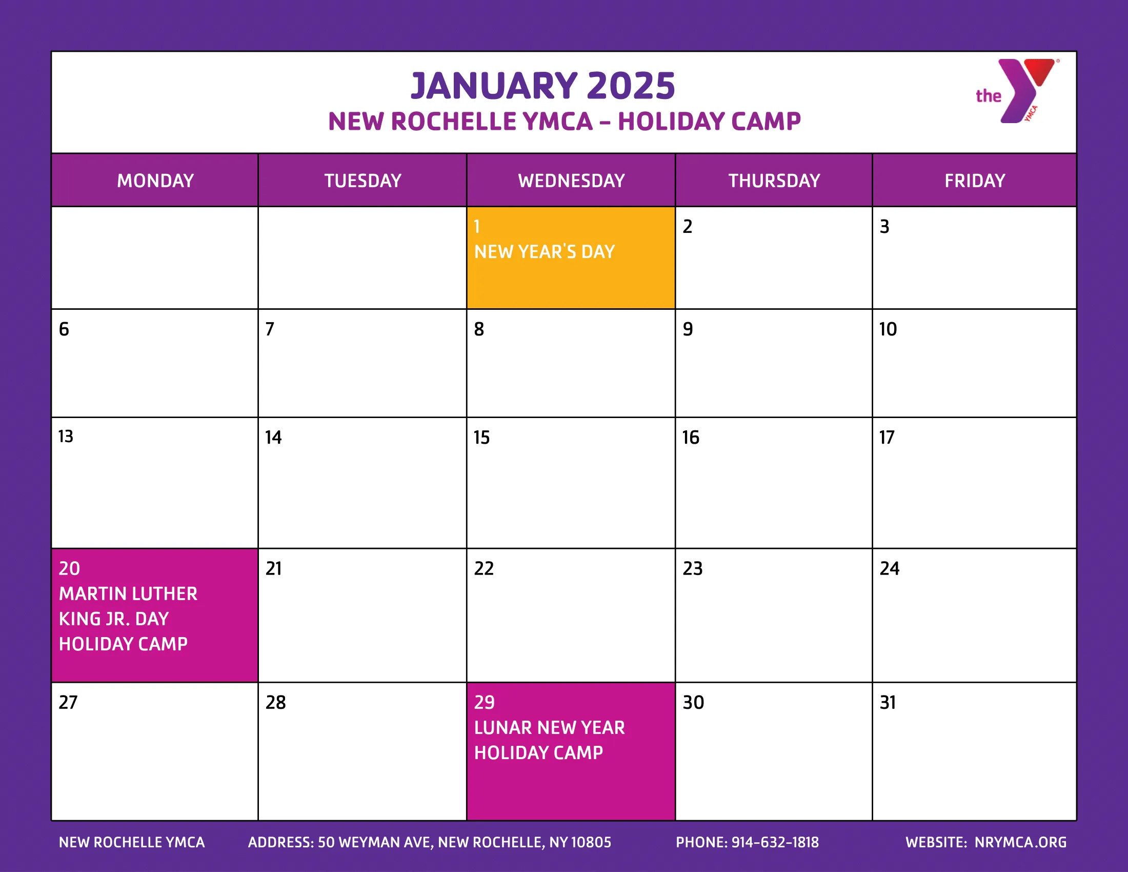 January 2025 Holiday Camp Calendar