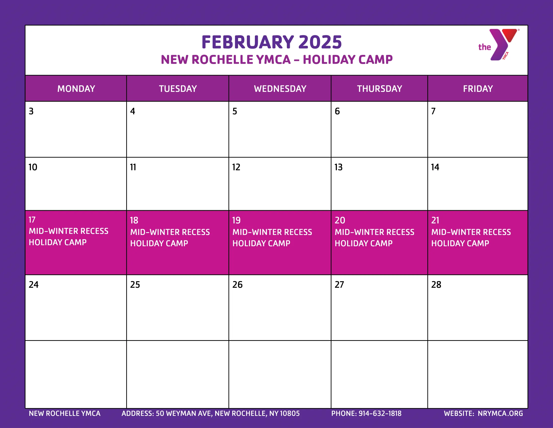 February 2025 Holiday Camp Calendar