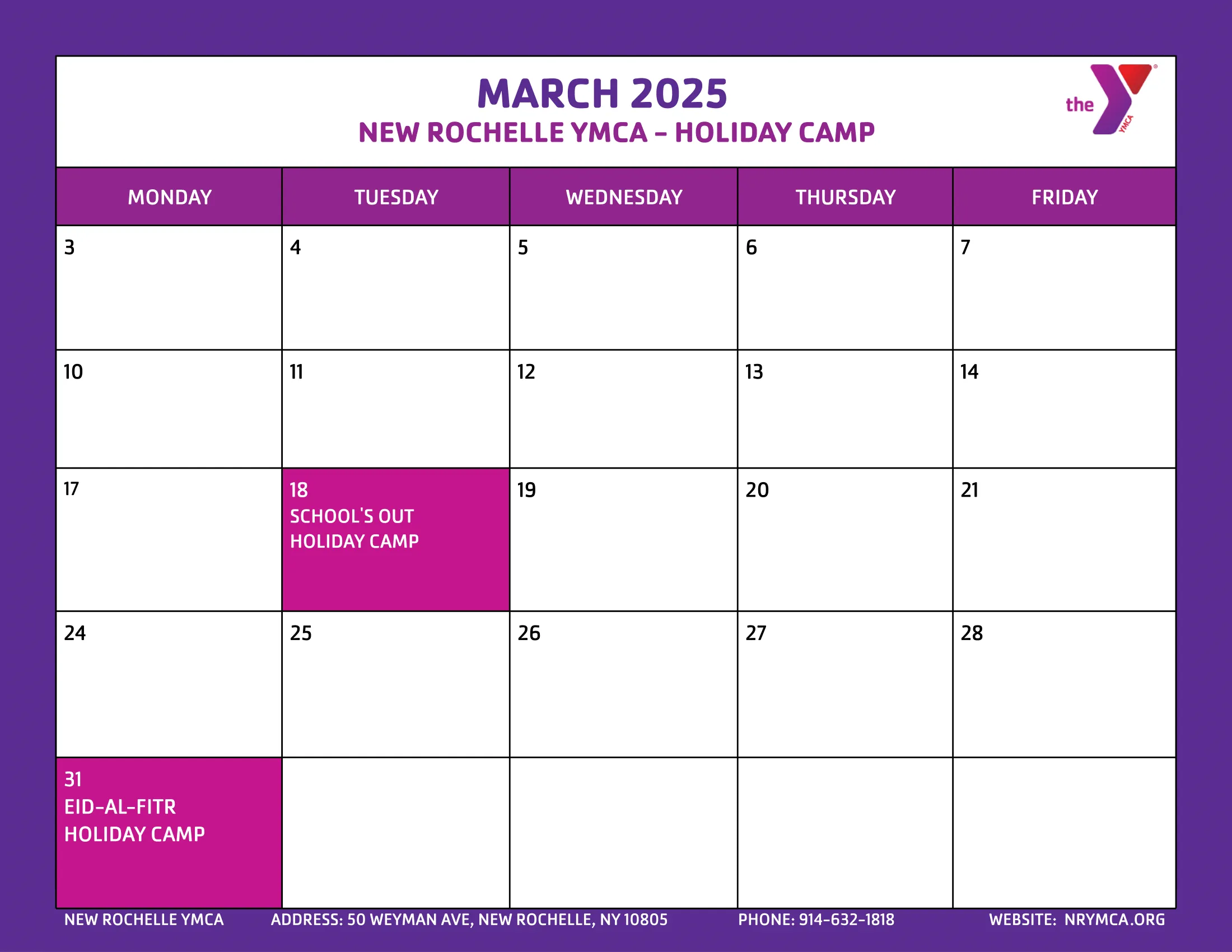 March 2025 Holiday Camp Calendar