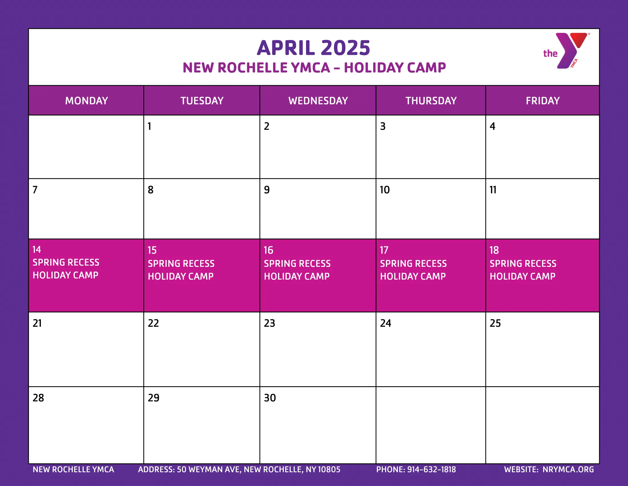 April 2025 Holiday Camp Calendar