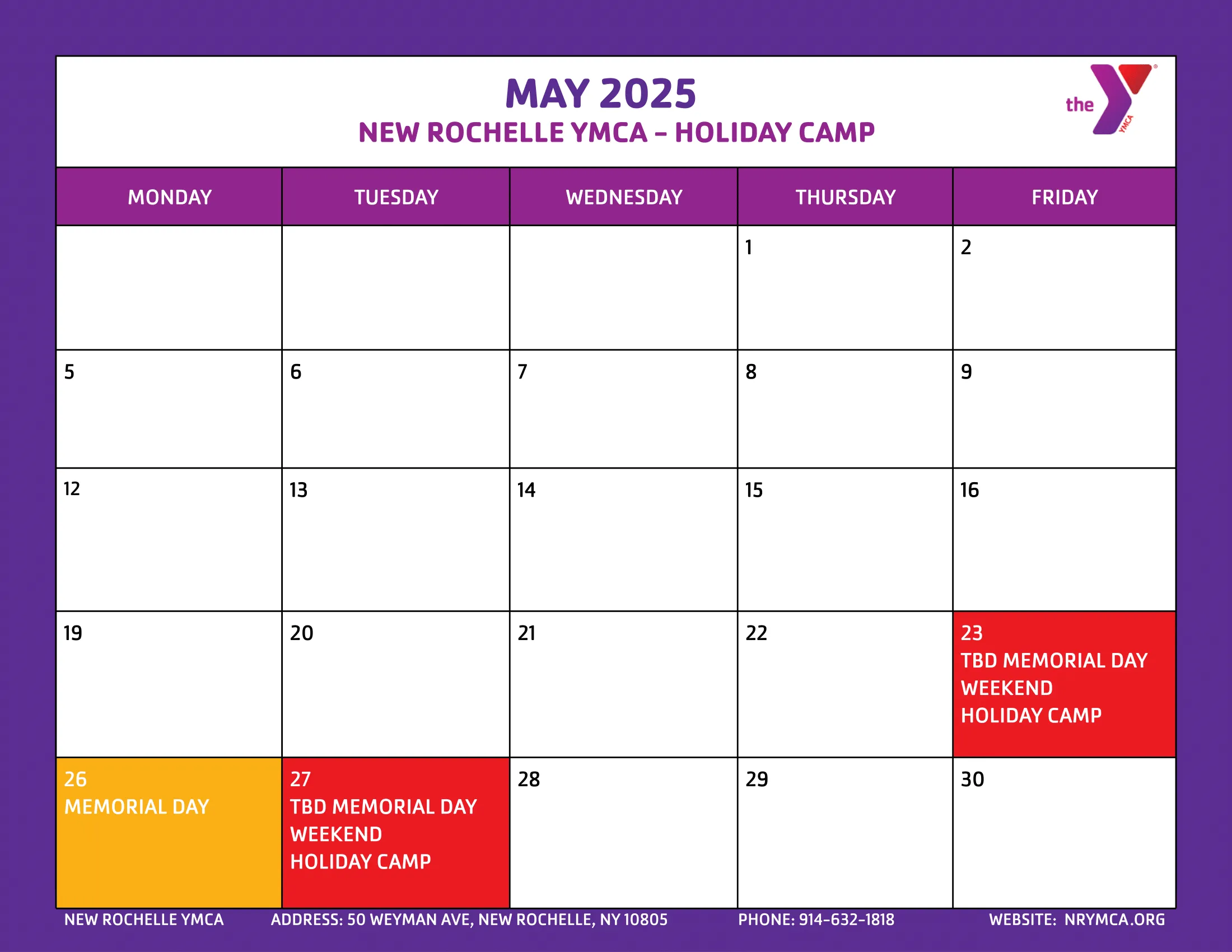 May 2025 Holiday Camp Calendar