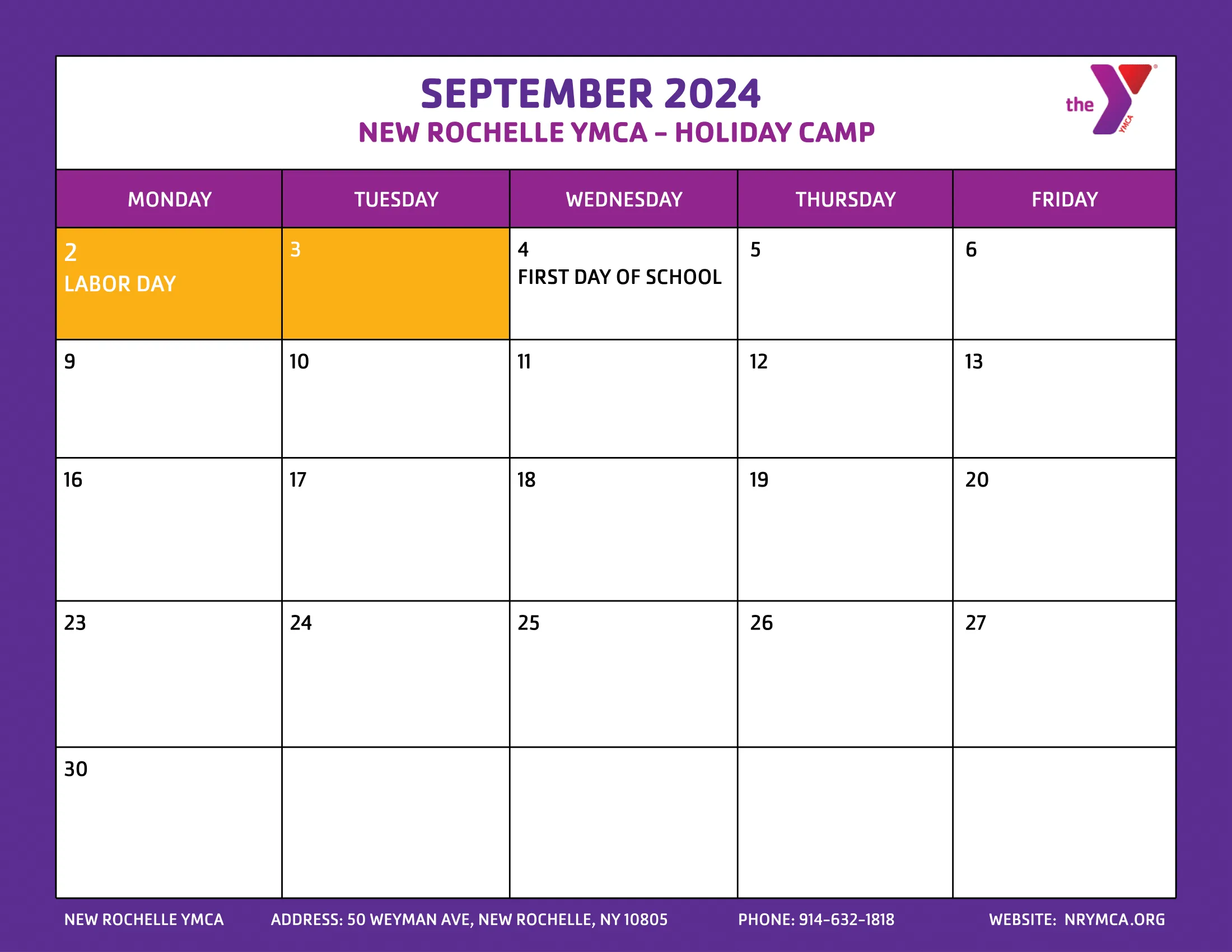 September 2024 Holiday Camp Calendar