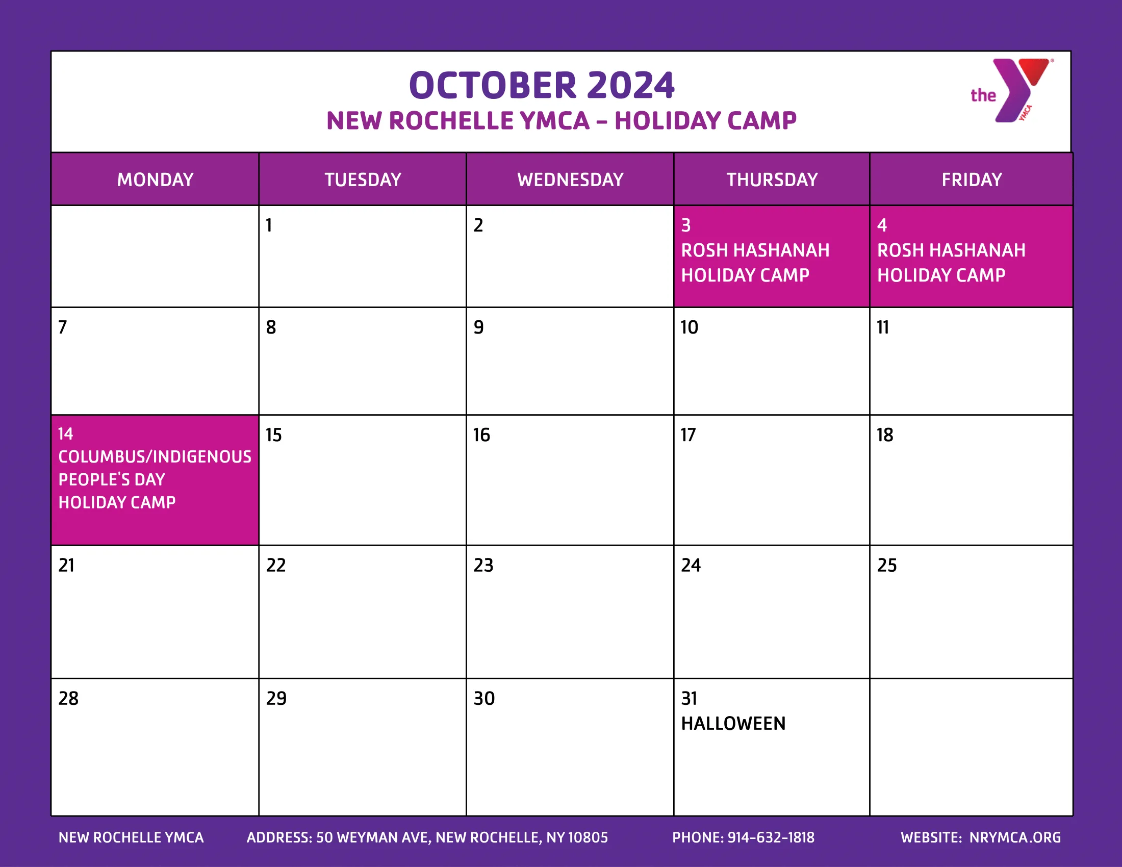 October 2024 Holiday Camp Calendar